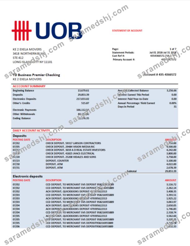 UOB (United Overseas Bank) firm account statement Word and PDF template